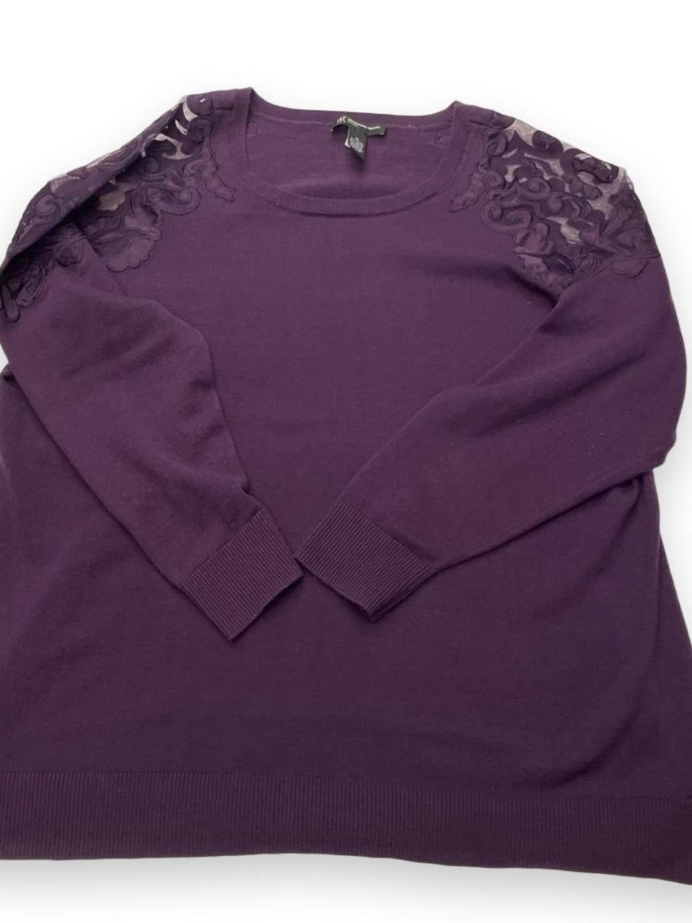 INC International Concepts Plum Crewneck Sweater with Lace Shoulders